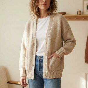 Alex Mill Emma Cardigan Womens Large Oatmeal Cream Lambswool Blend Chunky Knit
